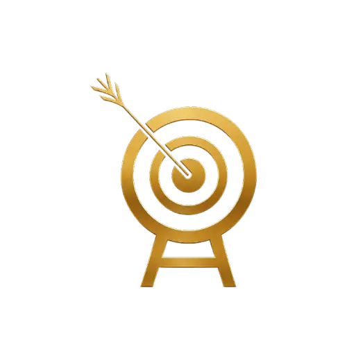 Golden arrow hitting a target icon on a black background, symbolizing precision and focus in our mission.