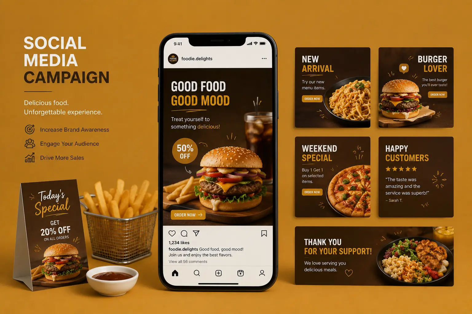  A vibrant social media campaign image featuring a delicious burger and fries, promoting a fast-food restaurant's special offer.