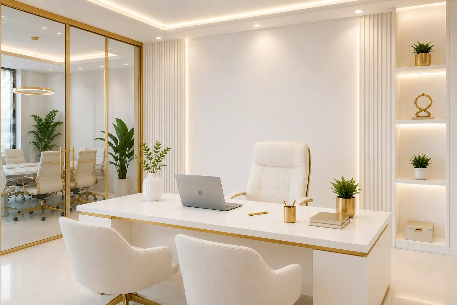  A modern office featuring sleek white furniture complemented by elegant gold accents, creating a sophisticated workspace.