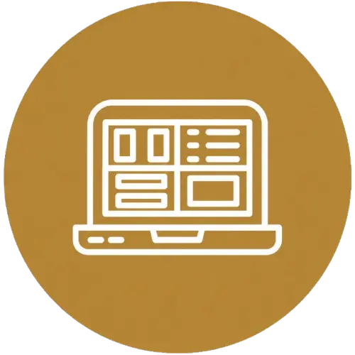 . A minimalist laptop illustration in white on a gold background, representing the theme of website development.