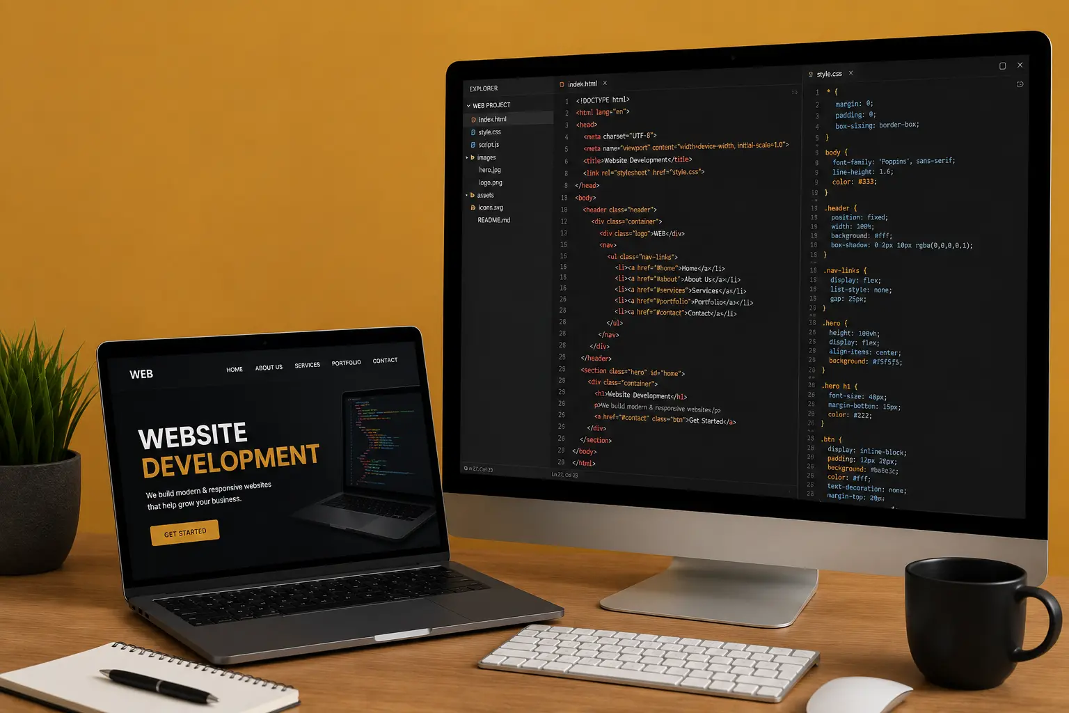 Website development workspace with laptop and desktop showing code